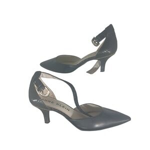 Anne Klein Black‎ Snake Embossed Pointed Toe Ankle Strap Heel Pump Women 9.5M